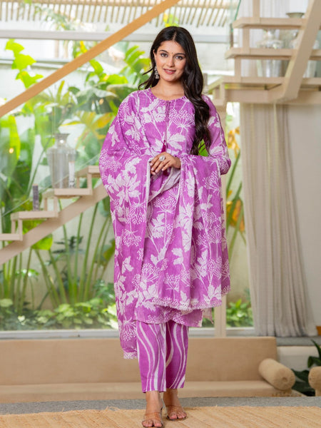 Cotton Dobby Hand Printed Kurta Pants and Dupatta