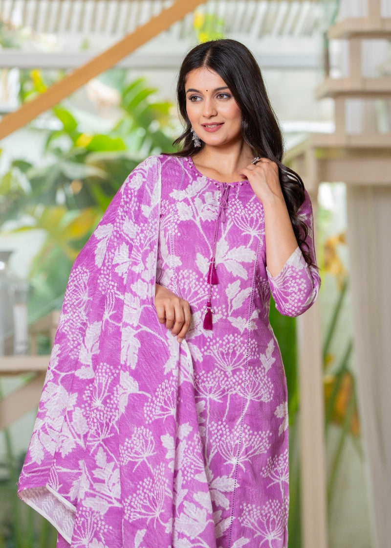 Cotton Dobby Hand Printed Kurta Pants and Dupatta