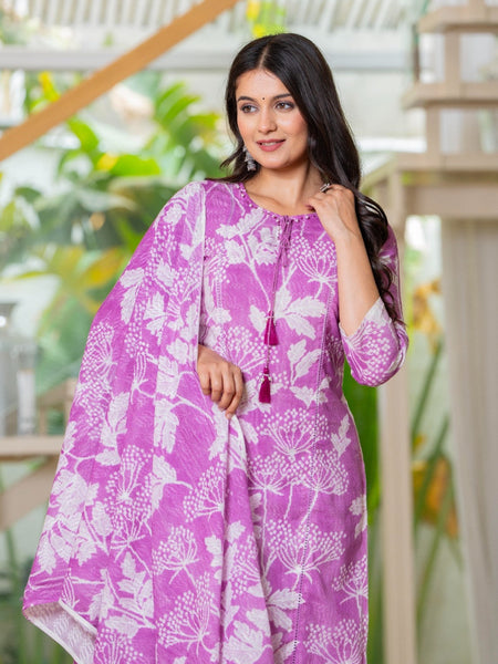 Cotton Dobby Hand Printed Kurta Pants and Dupatta