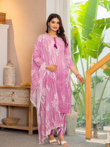 Cotton Dobby Hand Printed Kurta Pants and Dupatta