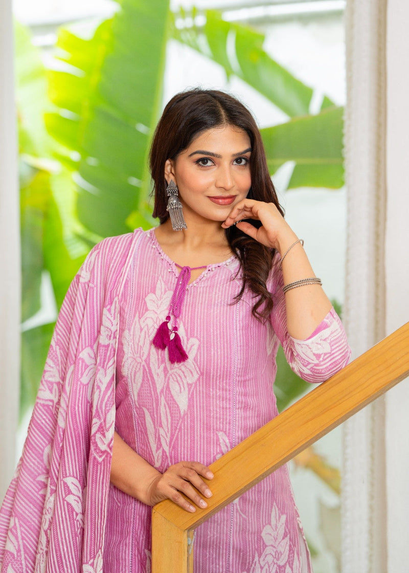 Cotton Dobby Hand Printed Kurta Pants and Dupatta