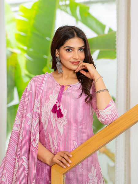 Cotton Dobby Hand Printed Kurta Pants and Dupatta