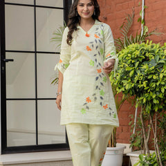 Woman Cotton V-Neck with Collor Hand Brush Painted Cord Set