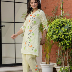 Woman Cotton V-Neck with Collor Hand Brush Painted Cord Set