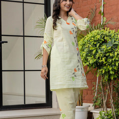 Woman Cotton V-Neck with Collor Hand Brush Painted Cord Set