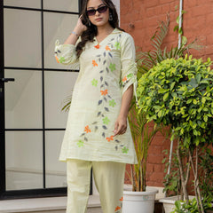 Woman Cotton V-Neck with Collor Hand Brush Painted Cord Set
