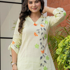 Woman Cotton V-Neck with Collor Hand Brush Painted Cord Set