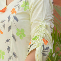 Woman Cotton V-Neck with Collor Hand Brush Painted Cord Set