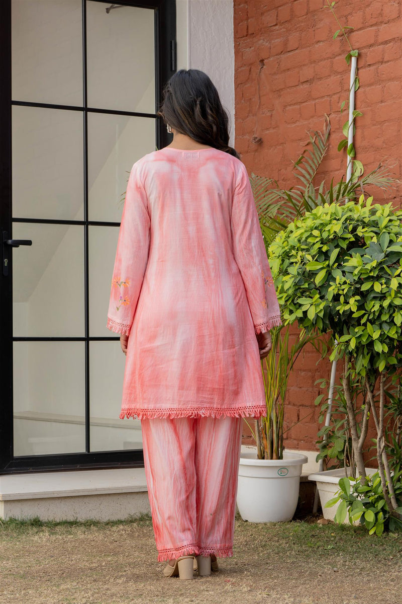 Woman Cotton V-Neck Embroidery Cord Set