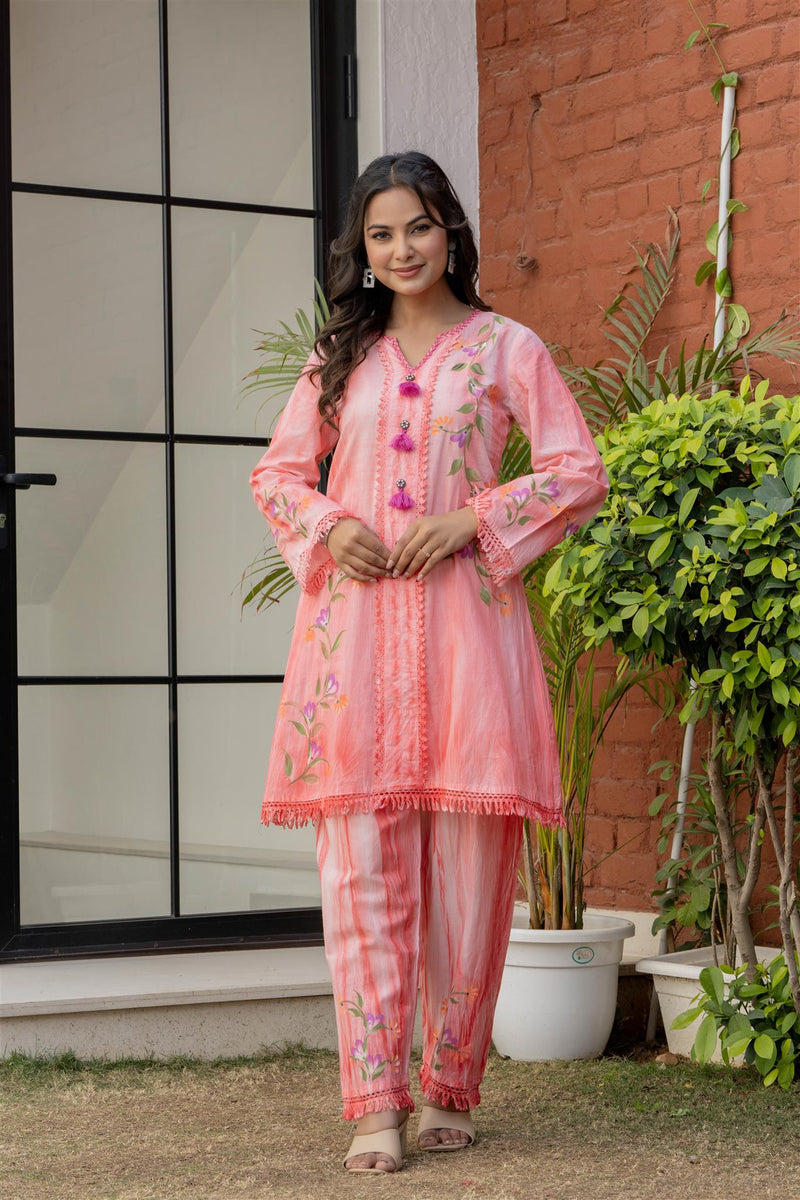 Woman Cotton V-Neck Embroidery Cord Set