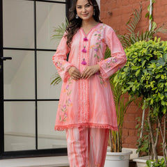 Woman Cotton V-Neck Embroidery Cord Set