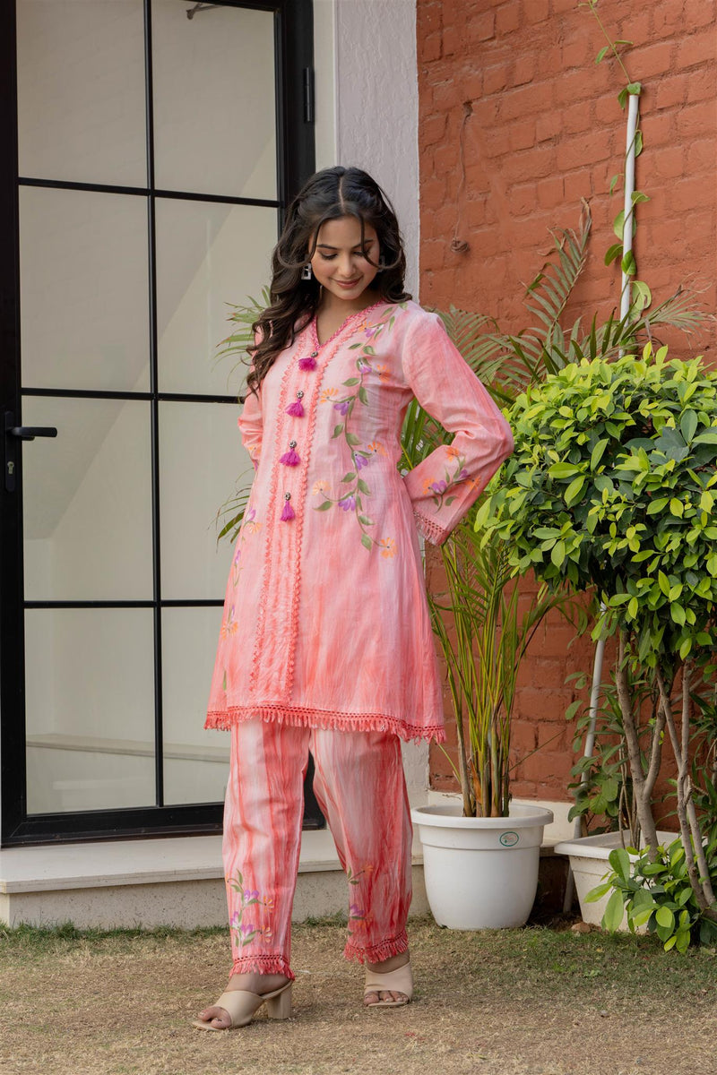 Woman Cotton V-Neck Embroidery Cord Set