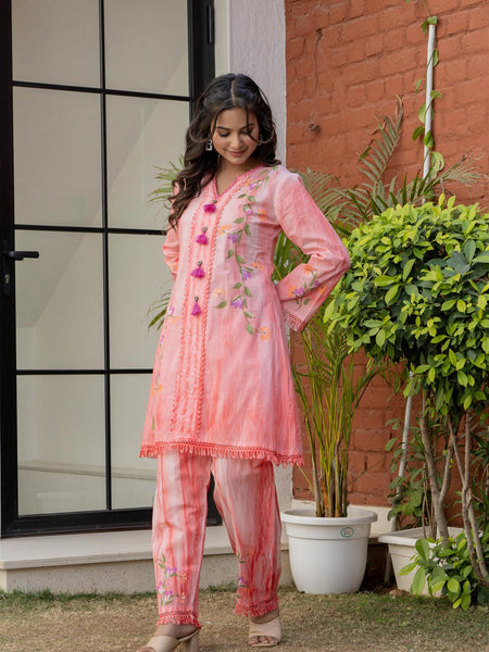 Woman Cotton V-Neck Embroidery Cord Set