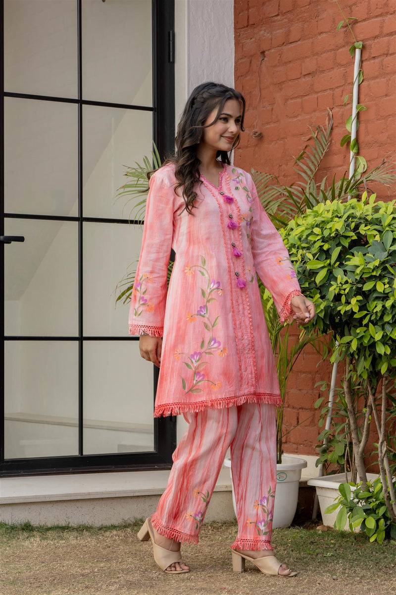 Woman Cotton V-Neck Embroidery Cord Set
