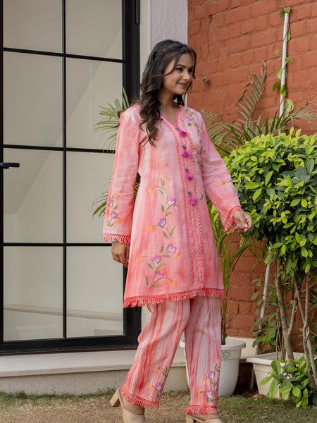 Woman Cotton V-Neck Embroidery Cord Set