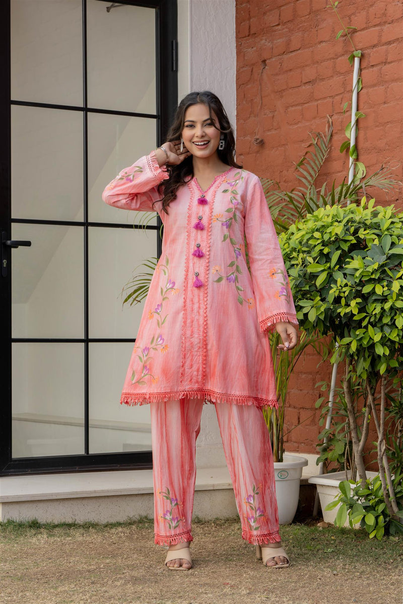 Woman Cotton V-Neck Embroidery Cord Set