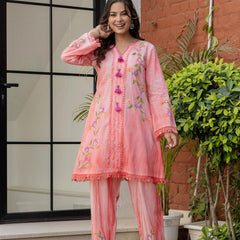 Woman Cotton V-Neck Embroidery Cord Set
