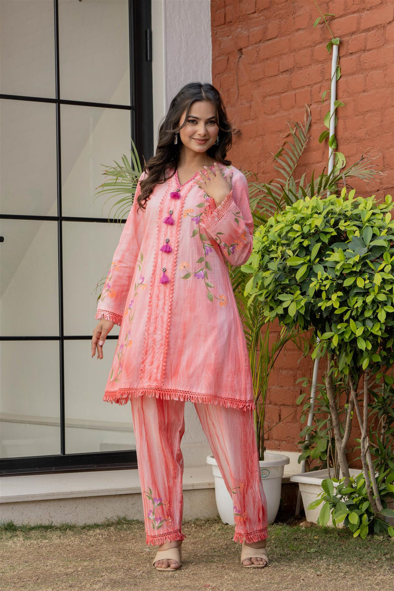 Woman Cotton V-Neck Embroidery Cord Set