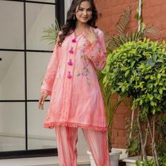 Woman Cotton V-Neck Embroidery Cord Set