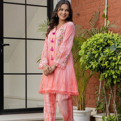 Woman Cotton V-Neck Embroidery Cord Set