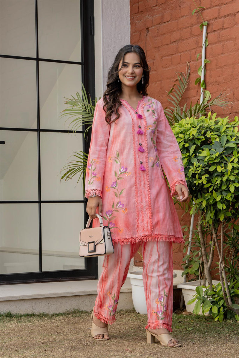 Woman Cotton V-Neck Embroidery Cord Set