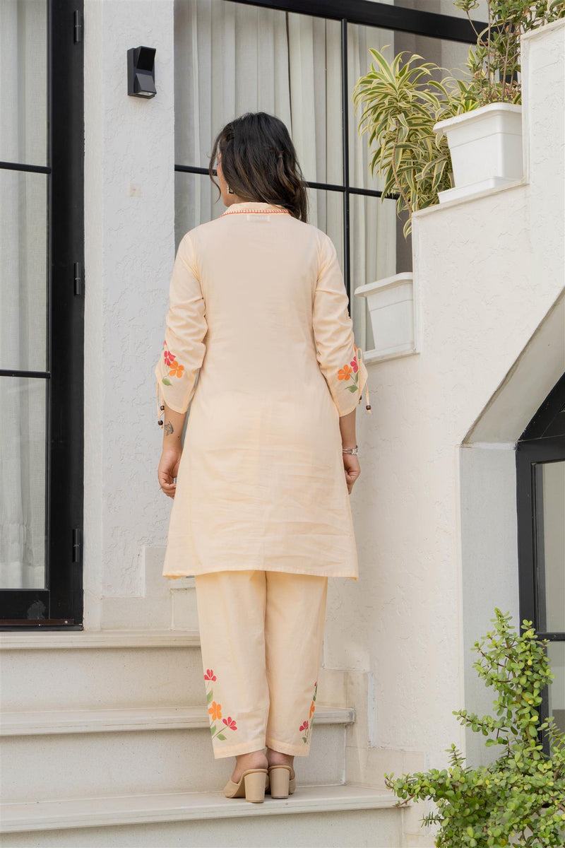 Woman Cotton V-Neck Embroidery Cord Set