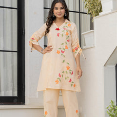 Woman Cotton V-Neck Embroidery Cord Set
