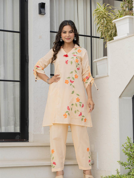 Woman Cotton V-Neck Embroidery Cord Set