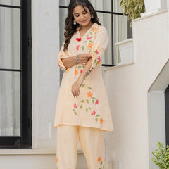 Woman Cotton V-Neck Embroidery Cord Set