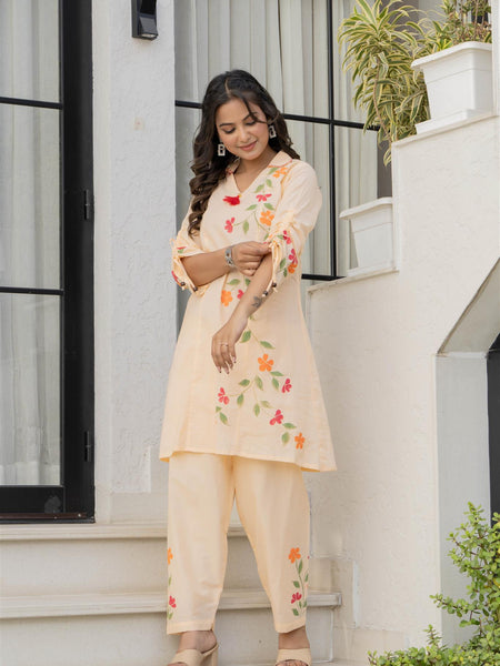 Woman Cotton V-Neck Embroidery Cord Set