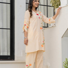 Woman Cotton V-Neck Embroidery Cord Set