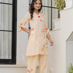 Woman Cotton V-Neck Embroidery Cord Set