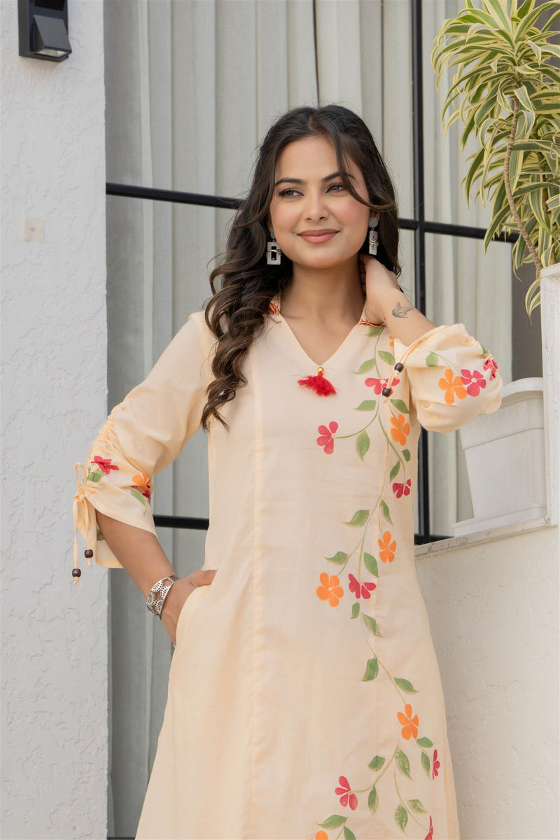 Woman Cotton V-Neck Embroidery Cord Set