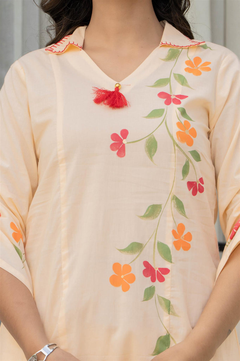 Woman Cotton V-Neck Embroidery Cord Set