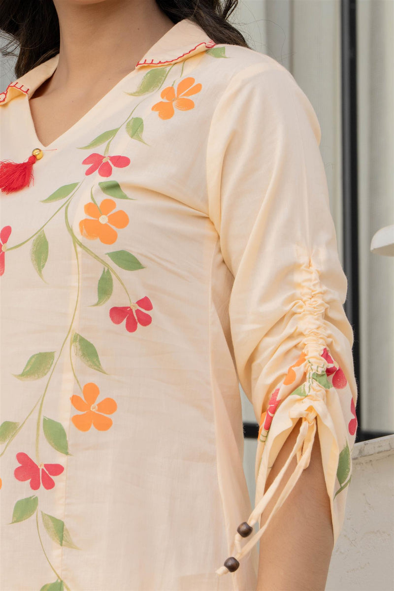Woman Cotton V-Neck Embroidery Cord Set