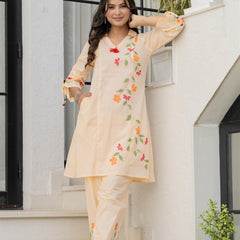 Woman Cotton V-Neck Embroidery Cord Set