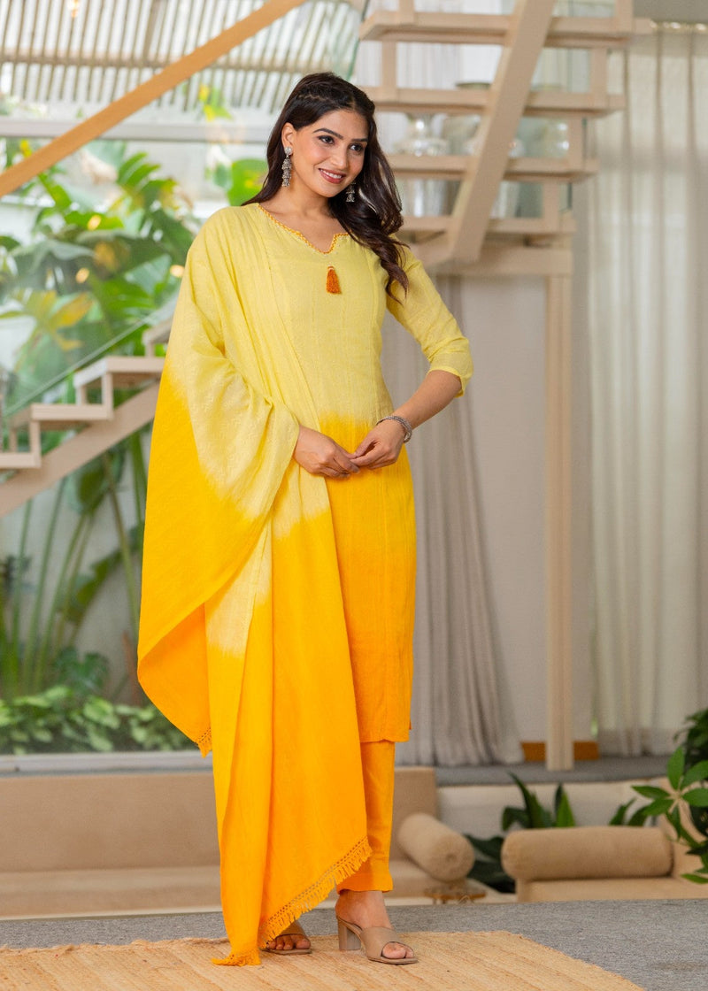 Cotton Dobby Ombre Effect Kurta Pants and Dupatta