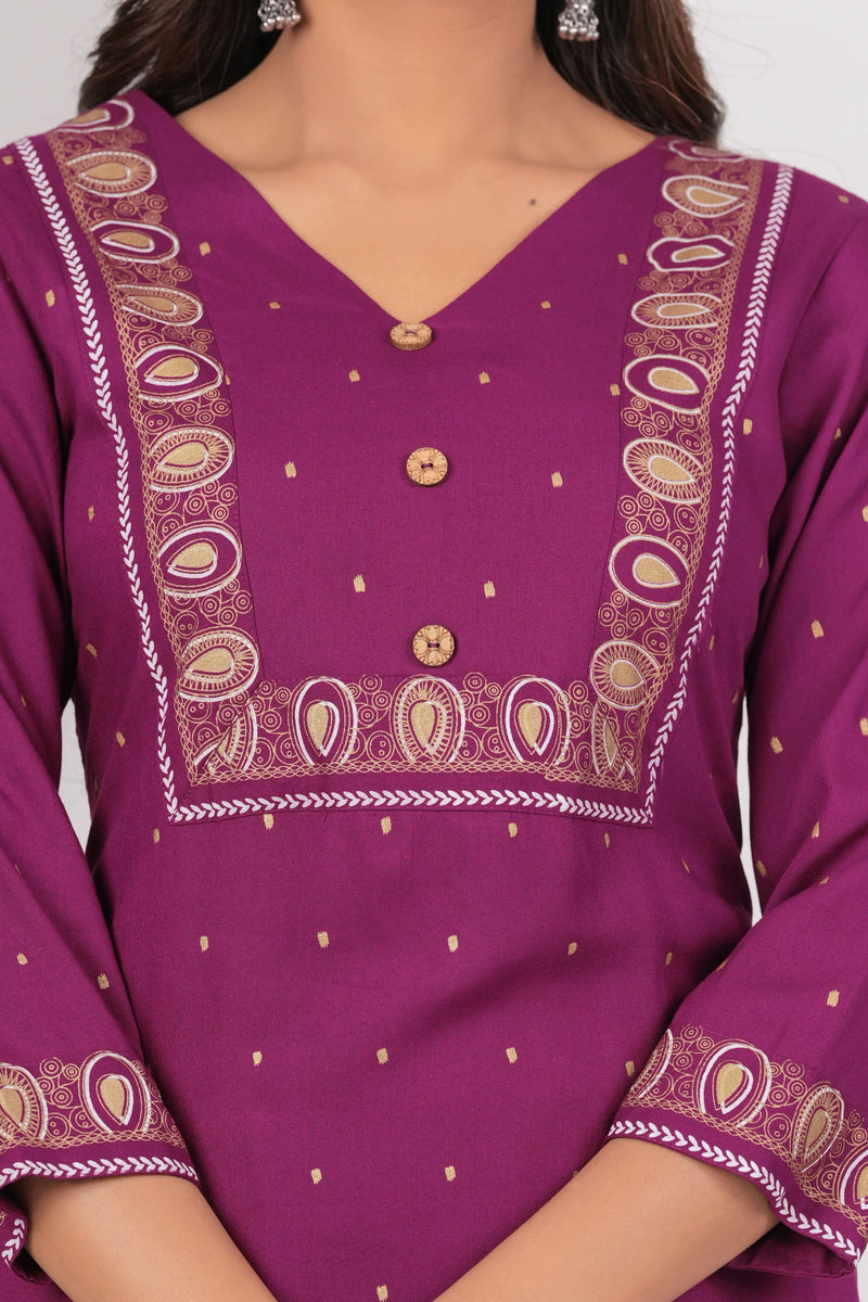 Wine Rayon Gold Print Regular Cord-Set