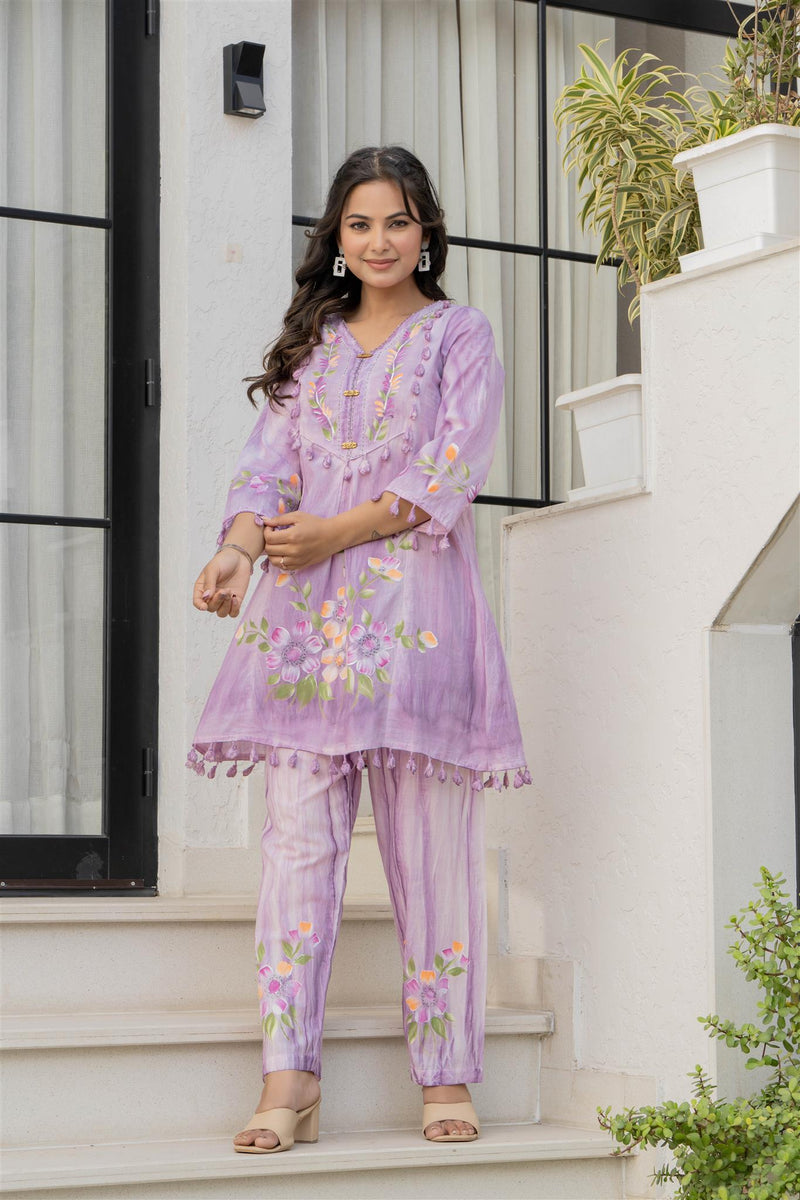 Woman Cotton V-Neck Embroidery Cord Set