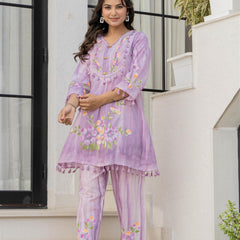 Woman Cotton V-Neck Embroidery Cord Set