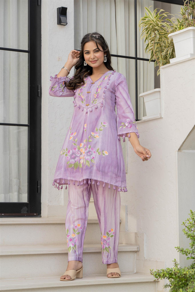 Woman Cotton V-Neck Embroidery Cord Set