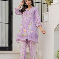 Woman Cotton V-Neck Embroidery Cord Set