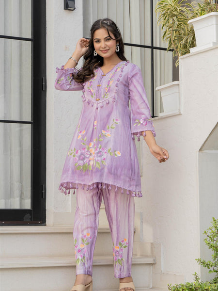 Woman Cotton V-Neck Embroidery Cord Set