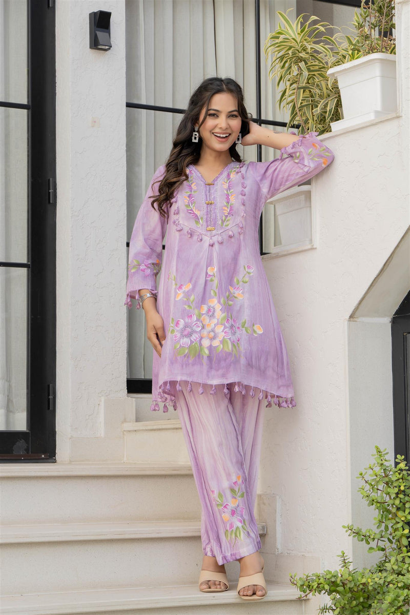 Woman Cotton V-Neck Embroidery Cord Set