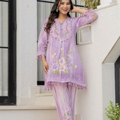 Woman Cotton V-Neck Embroidery Cord Set