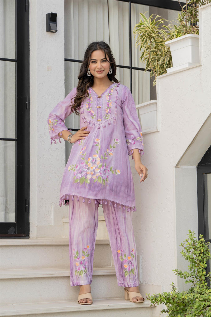 Woman Cotton V-Neck Embroidery Cord Set