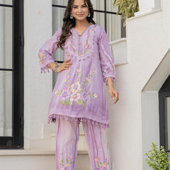 Woman Cotton V-Neck Embroidery Cord Set