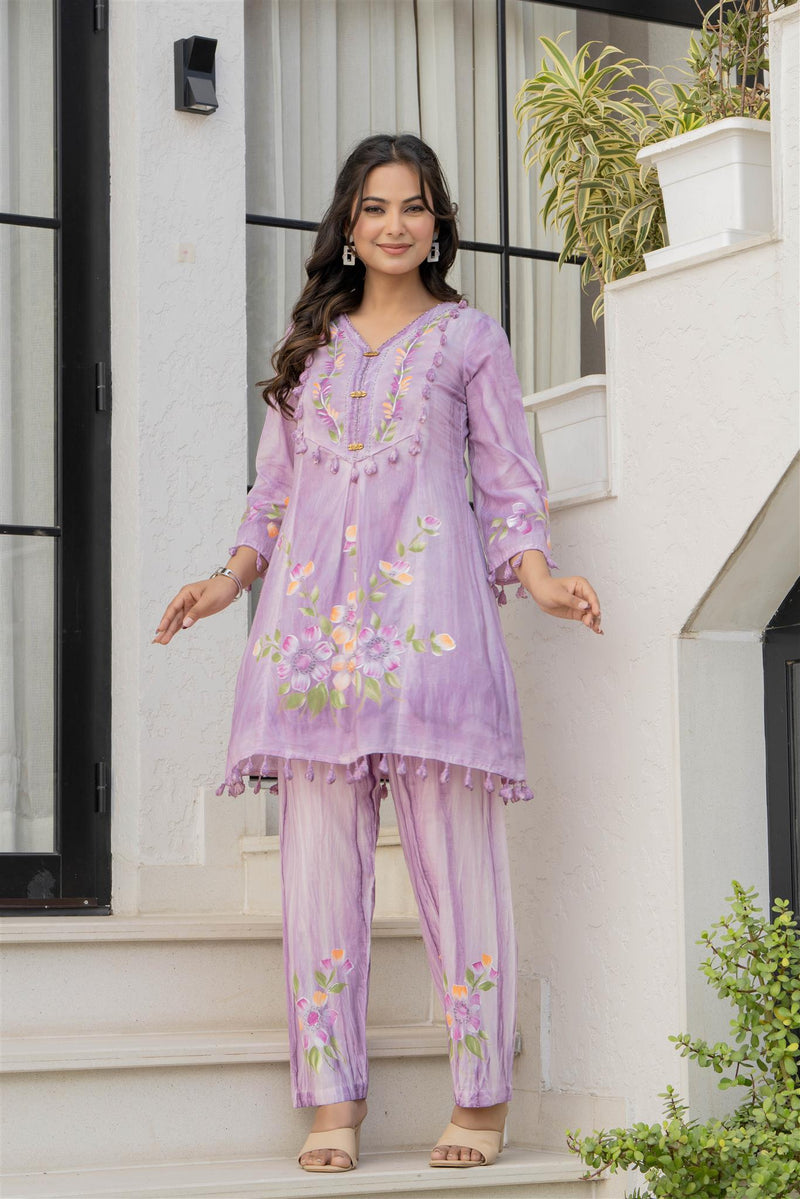 Woman Cotton V-Neck Embroidery Cord Set