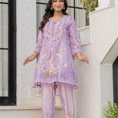 Woman Cotton V-Neck Embroidery Cord Set
