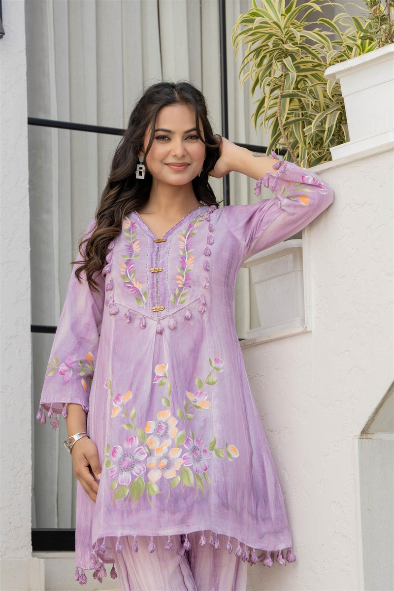 Woman Cotton V-Neck Embroidery Cord Set